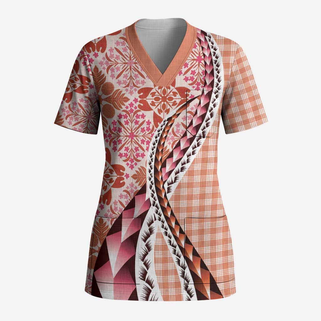 Aloha Vintage Palaka Floral Hawaiian Quilt Scrub Top Ulaula Motif - Polynesian Pride