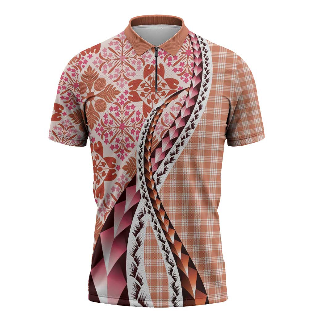 Aloha Vintage Palaka Floral Hawaiian Quilt Zipper Polo Shirt Ulaula Motif - Polynesian Pride