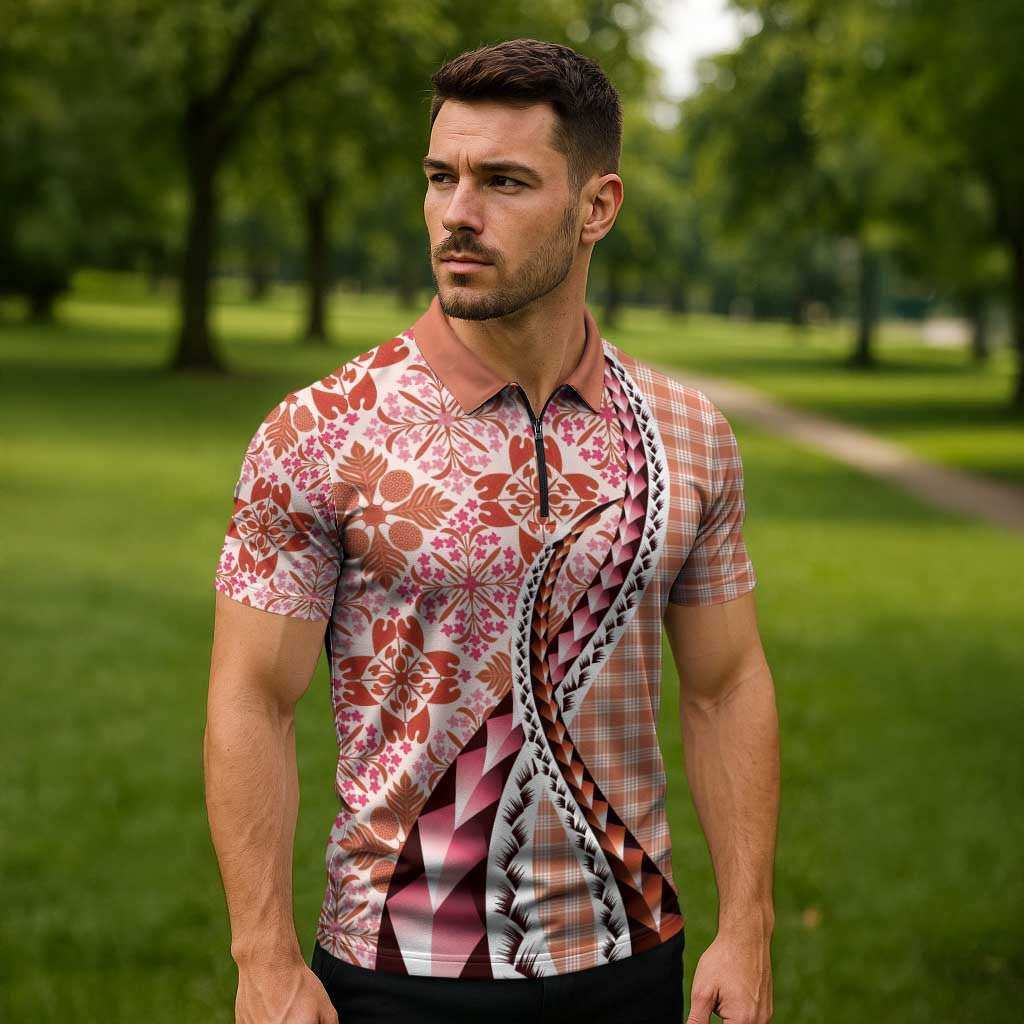 Aloha Vintage Palaka Floral Hawaiian Quilt Zipper Polo Shirt Ulaula Motif - Polynesian Pride