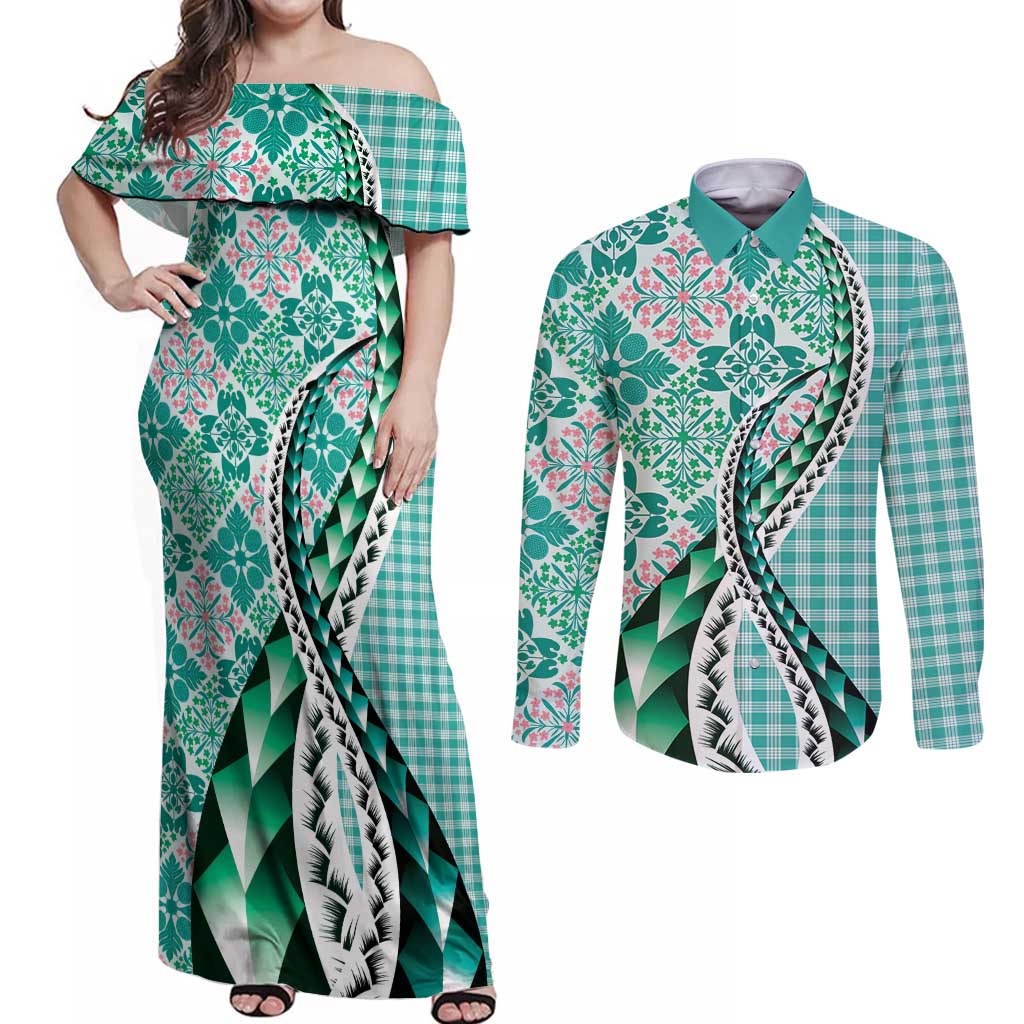 Aloha Vintage Palaka Floral Hawaiian Quilt Couples Matching Off Shoulder Maxi Dress and Long Sleeve Button Shirt Polu Motif LT9 Turquoise - Polynesian Pride