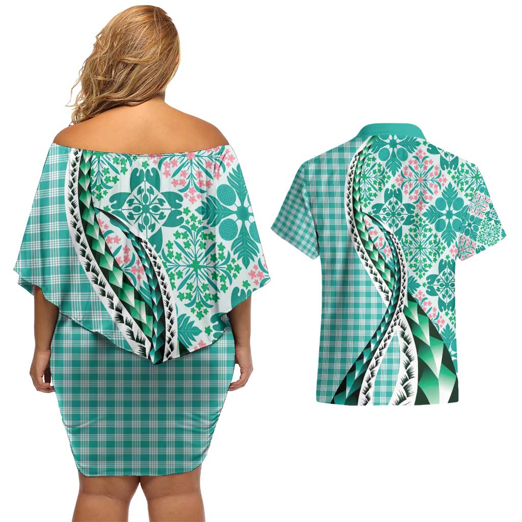 Aloha Vintage Palaka Floral Hawaiian Quilt Couples Matching Off Shoulder Short Dress and Hawaiian Shirt Polu Motif LT9 - Polynesian Pride