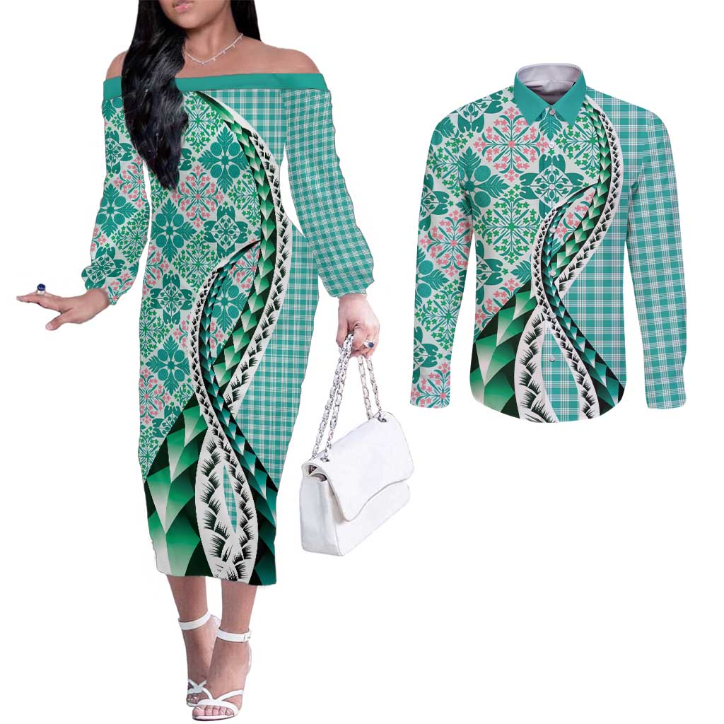 Aloha Vintage Palaka Floral Hawaiian Quilt Couples Matching Off The Shoulder Long Sleeve Dress and Long Sleeve Button Shirt Polu Motif - Polynesian Pride