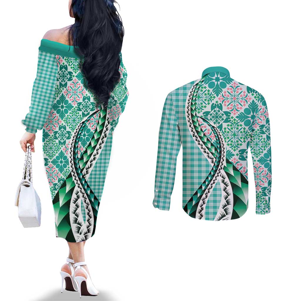 Aloha Vintage Palaka Floral Hawaiian Quilt Couples Matching Off The Shoulder Long Sleeve Dress and Long Sleeve Button Shirt Polu Motif LT9 - Polynesian Pride