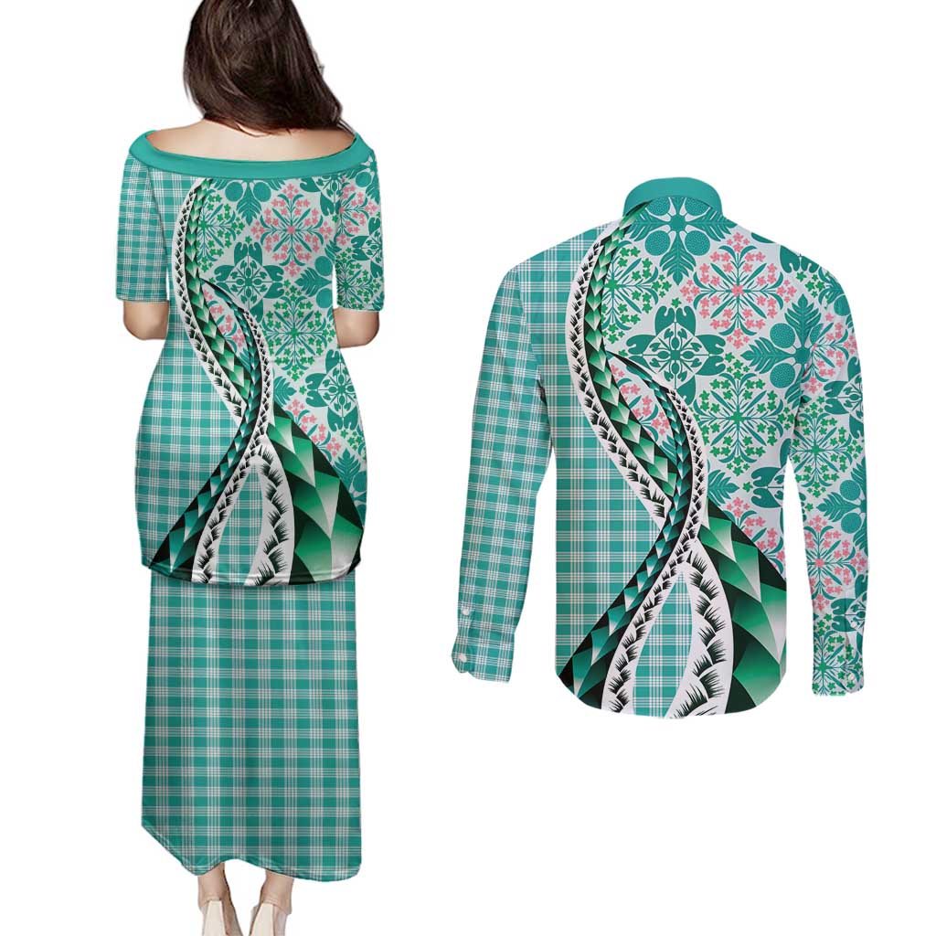Aloha Vintage Palaka Floral Hawaiian Quilt Couples Matching Puletasi and Long Sleeve Button Shirt Polu Motif - Polynesian Pride