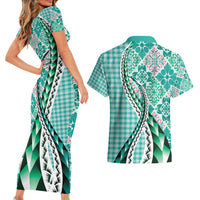 Aloha Vintage Palaka Floral Hawaiian Quilt Couples Matching Short Sleeve Bodycon Dress and Hawaiian Shirt Polu Motif LT9 - Polynesian Pride