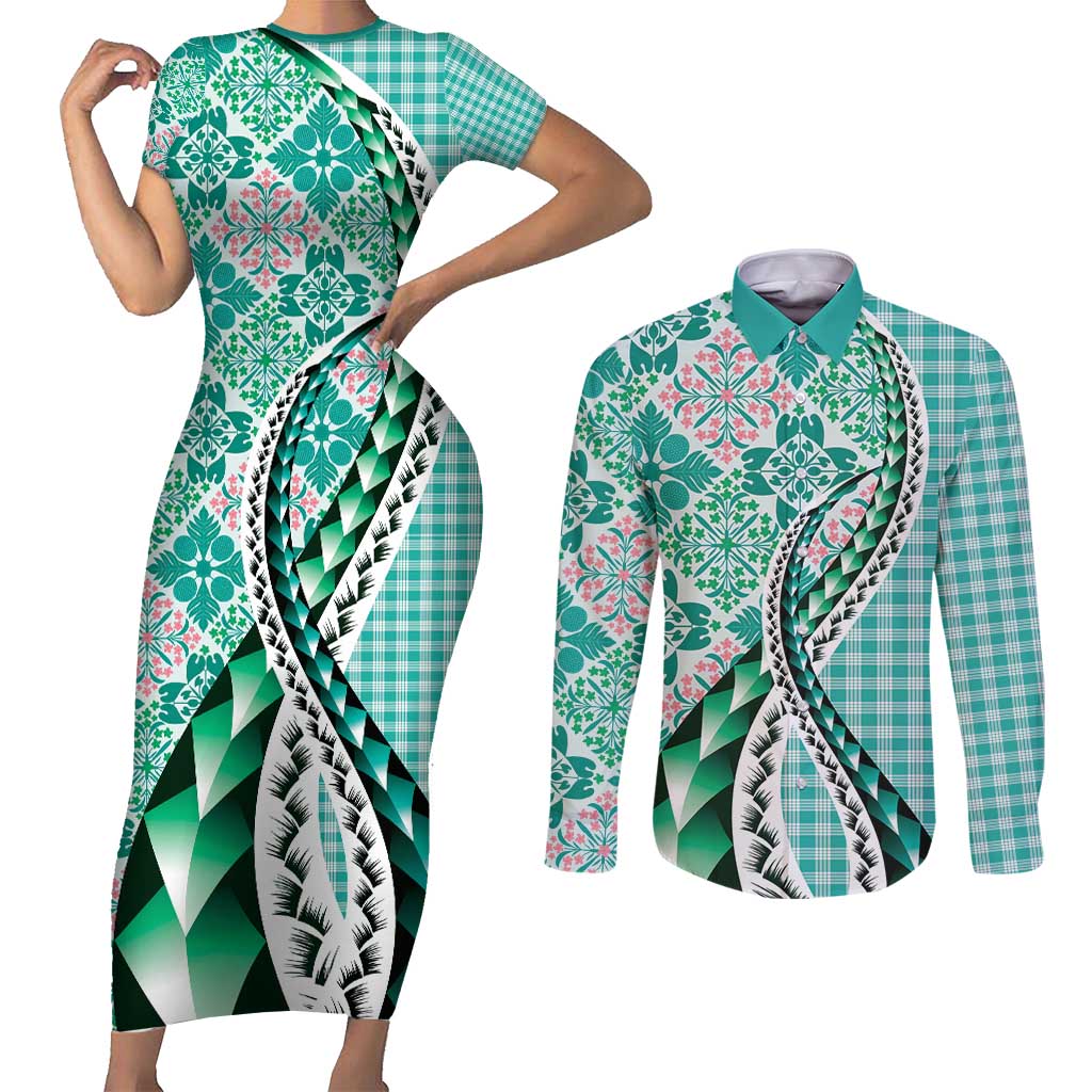 Aloha Vintage Palaka Floral Hawaiian Quilt Couples Matching Short Sleeve Bodycon Dress and Long Sleeve Button Shirt Polu Motif LT9 Turquoise - Polynesian Pride