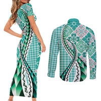 Aloha Vintage Palaka Floral Hawaiian Quilt Couples Matching Short Sleeve Bodycon Dress and Long Sleeve Button Shirt Polu Motif LT9 - Polynesian Pride