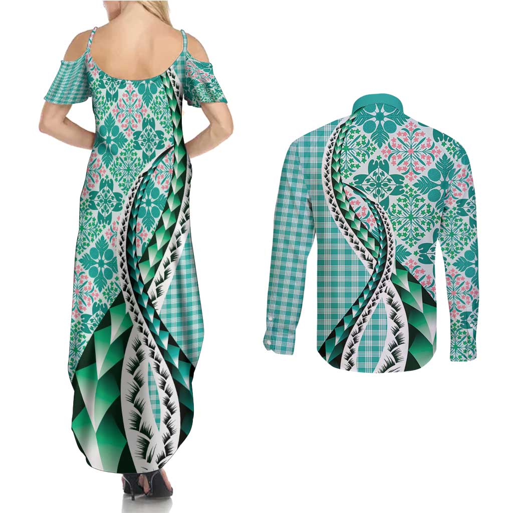 Aloha Vintage Palaka Floral Hawaiian Quilt Couples Matching Summer Maxi Dress and Long Sleeve Button Shirt Polu Motif LT9 - Polynesian Pride