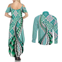 Aloha Vintage Palaka Floral Hawaiian Quilt Couples Matching Summer Maxi Dress and Long Sleeve Button Shirt Polu Motif LT9 - Polynesian Pride