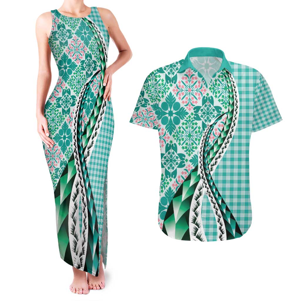 Aloha Vintage Palaka Floral Hawaiian Quilt Couples Matching Tank Maxi Dress and Hawaiian Shirt Polu Motif LT9 Turquoise - Polynesian Pride