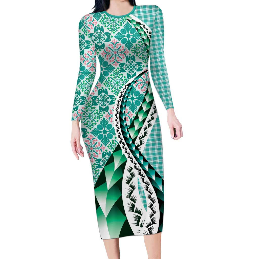 Aloha Vintage Palaka Floral Hawaiian Quilt Family Matching Long Sleeve Bodycon Dress and Hawaiian Shirt Polu Motif LT9 Mom's Dress Turquoise - Polynesian Pride