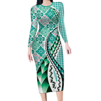Aloha Vintage Palaka Floral Hawaiian Quilt Family Matching Long Sleeve Bodycon Dress and Hawaiian Shirt Polu Motif LT9 Mom's Dress Turquoise - Polynesian Pride