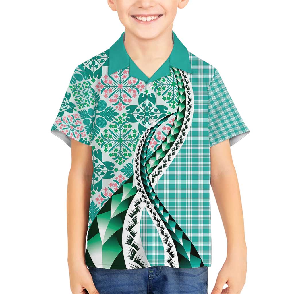 Aloha Vintage Palaka Floral Hawaiian Quilt Family Matching Long Sleeve Bodycon Dress and Hawaiian Shirt Polu Motif LT9 Son's Shirt Turquoise - Polynesian Pride