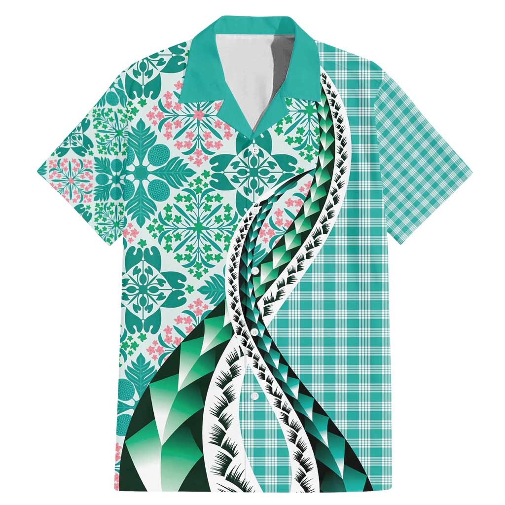 Aloha Vintage Palaka Floral Hawaiian Quilt Family Matching Mermaid Dress and Hawaiian Shirt Polu Motif LT9 Dad's Shirt - Short Sleeve Turquoise - Polynesian Pride