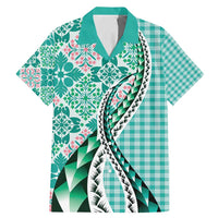 Aloha Vintage Palaka Floral Hawaiian Quilt Family Matching Mermaid Dress and Hawaiian Shirt Polu Motif LT9 Dad's Shirt - Short Sleeve Turquoise - Polynesian Pride