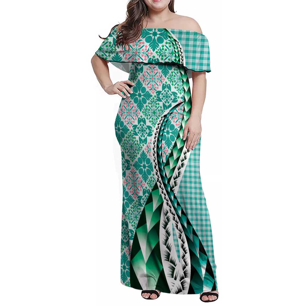 Aloha Vintage Palaka Floral Hawaiian Quilt Family Matching Off Shoulder Maxi Dress and Hawaiian Shirt Polu Motif - Polynesian Pride