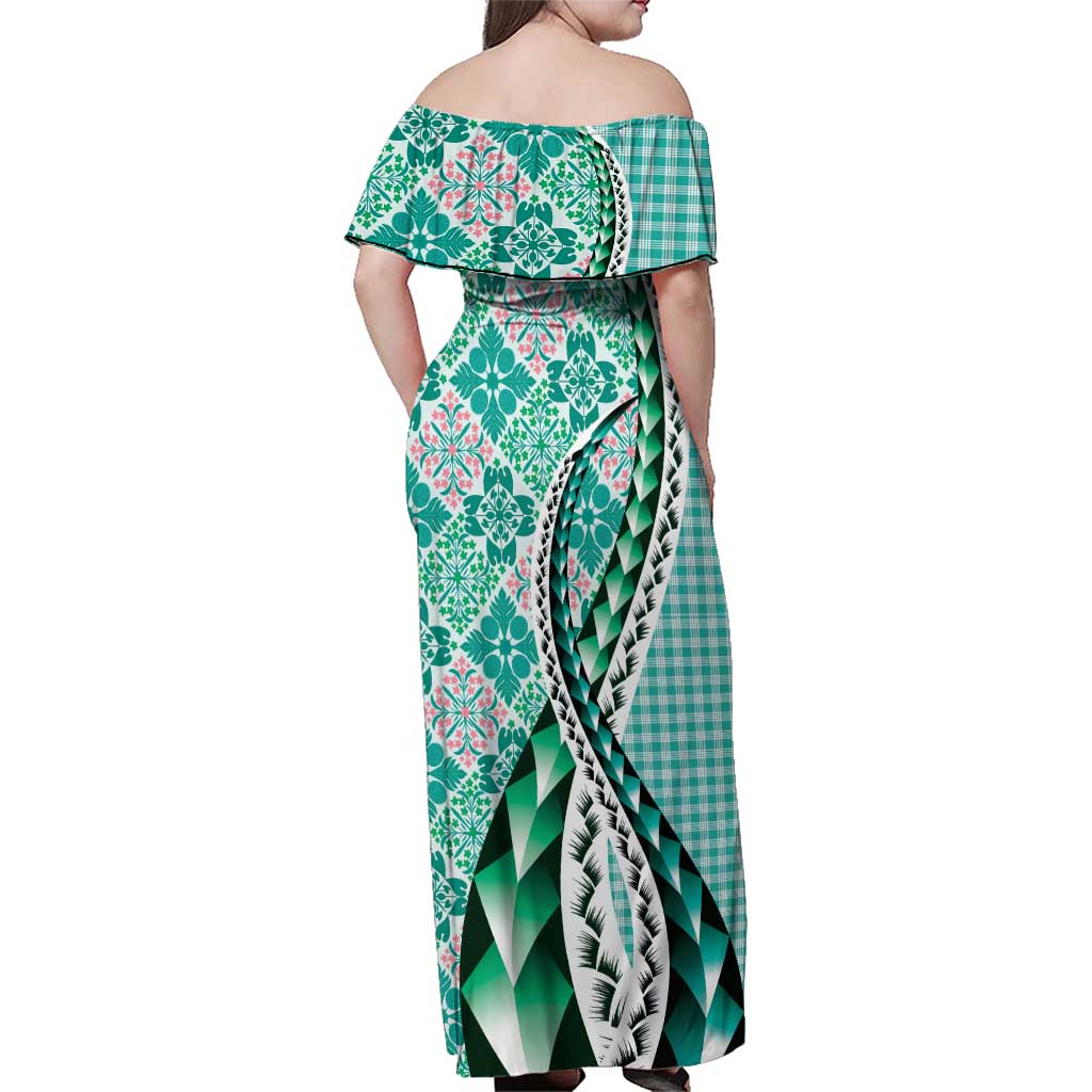 Aloha Vintage Palaka Floral Hawaiian Quilt Family Matching Off Shoulder Maxi Dress and Hawaiian Shirt Polu Motif - Polynesian Pride