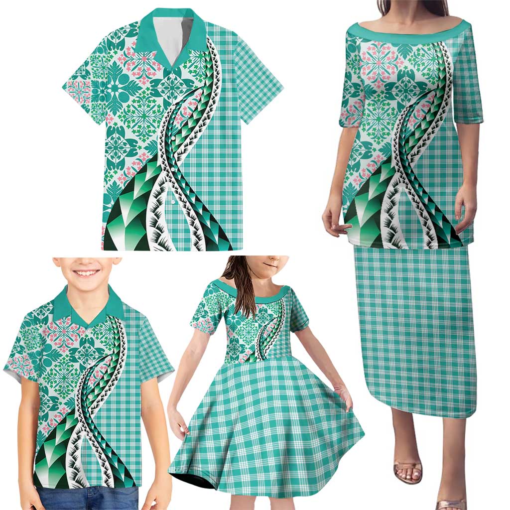 Aloha Vintage Palaka Floral Hawaiian Quilt Family Matching Puletasi and Hawaiian Shirt Polu Motif - Polynesian Pride