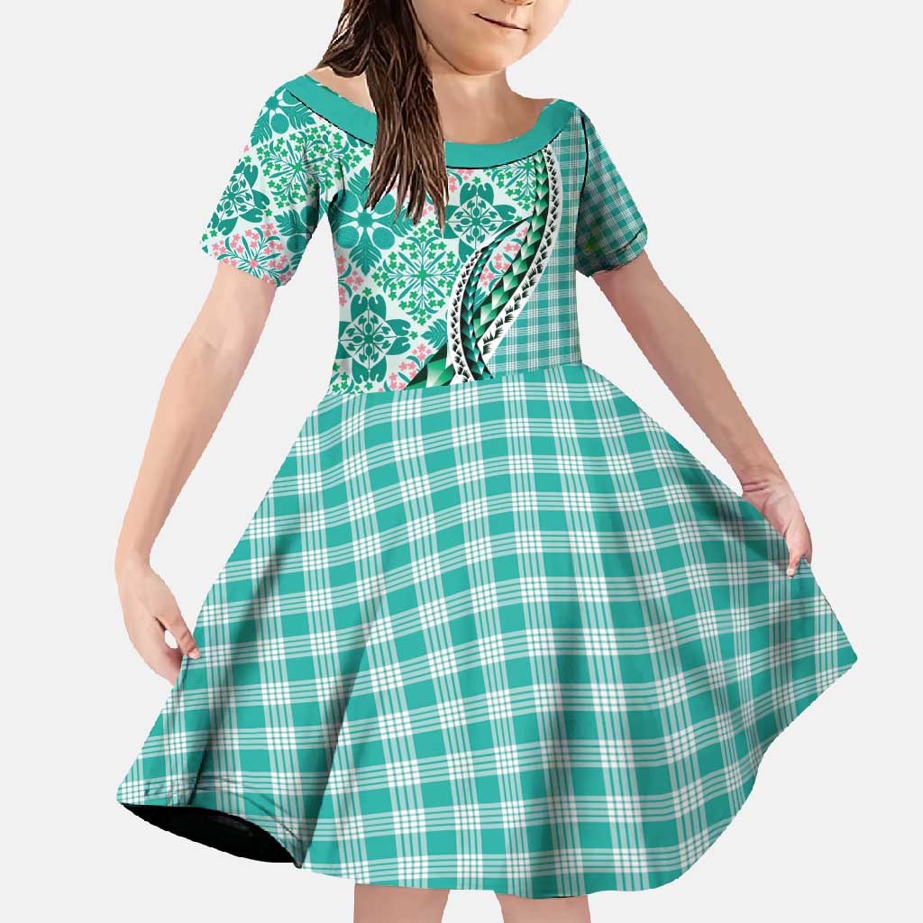 Aloha Vintage Palaka Floral Hawaiian Quilt Family Matching Short Sleeve Bodycon Dress and Hawaiian Shirt Polu Motif LT9 Daughter's Dress Turquoise - Polynesian Pride