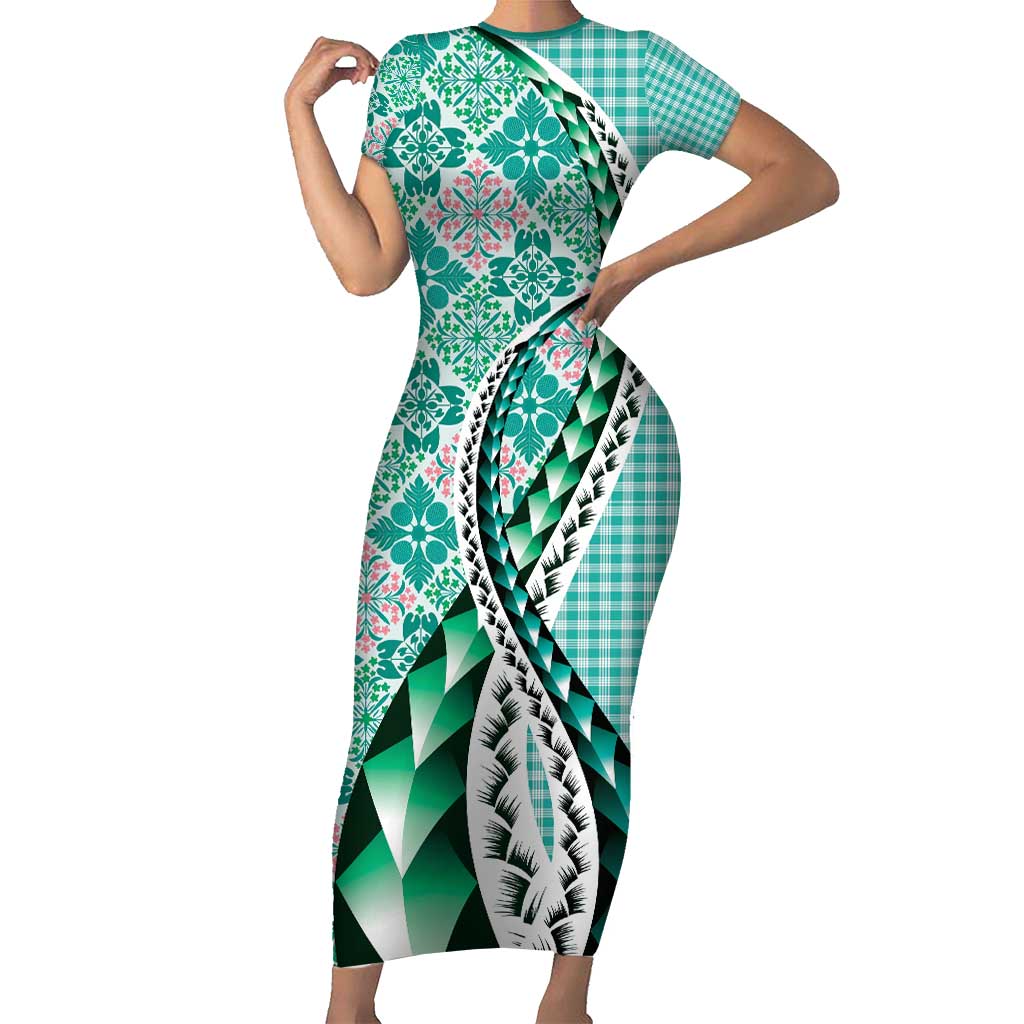 Aloha Vintage Palaka Floral Hawaiian Quilt Family Matching Short Sleeve Bodycon Dress and Hawaiian Shirt Polu Motif LT9 Mom's Dress Turquoise - Polynesian Pride
