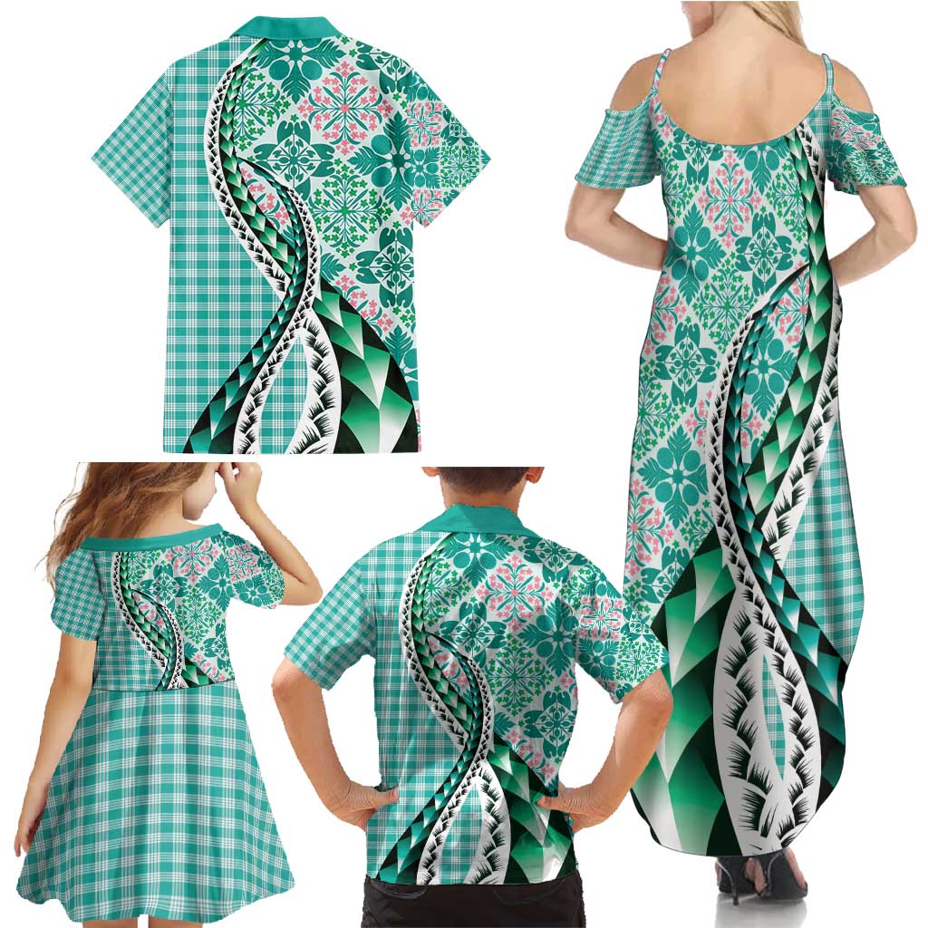 Aloha Vintage Palaka Floral Hawaiian Quilt Family Matching Summer Maxi Dress and Hawaiian Shirt Polu Motif - Polynesian Pride