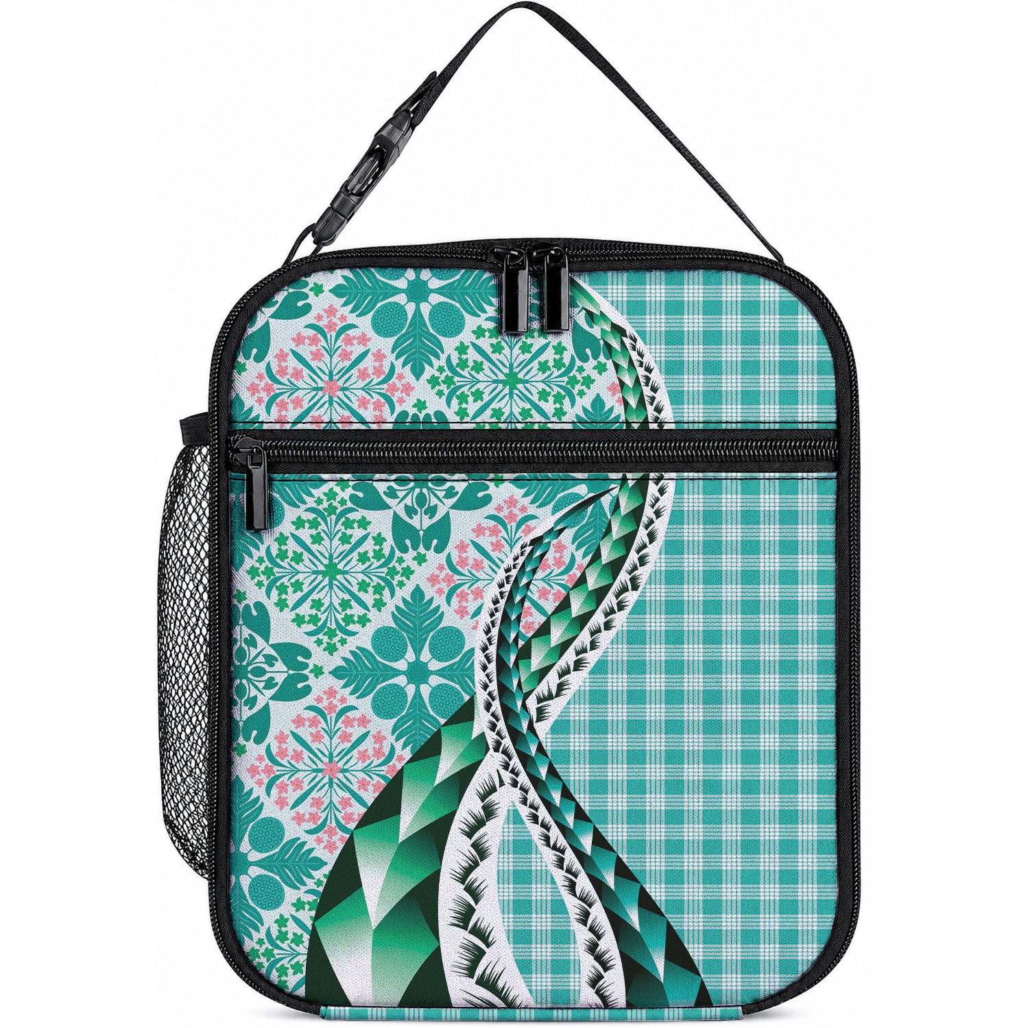 Aloha Vintage Palaka Floral Hawaiian Quilt Lunch Bag Polu Motif LT9 10.2 × 8.3 × 4.3 inch Turquoise - Polynesian Pride