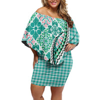 Aloha Vintage Palaka Floral Hawaiian Quilt Off Shoulder Short Dress Polu Motif - Polynesian Pride