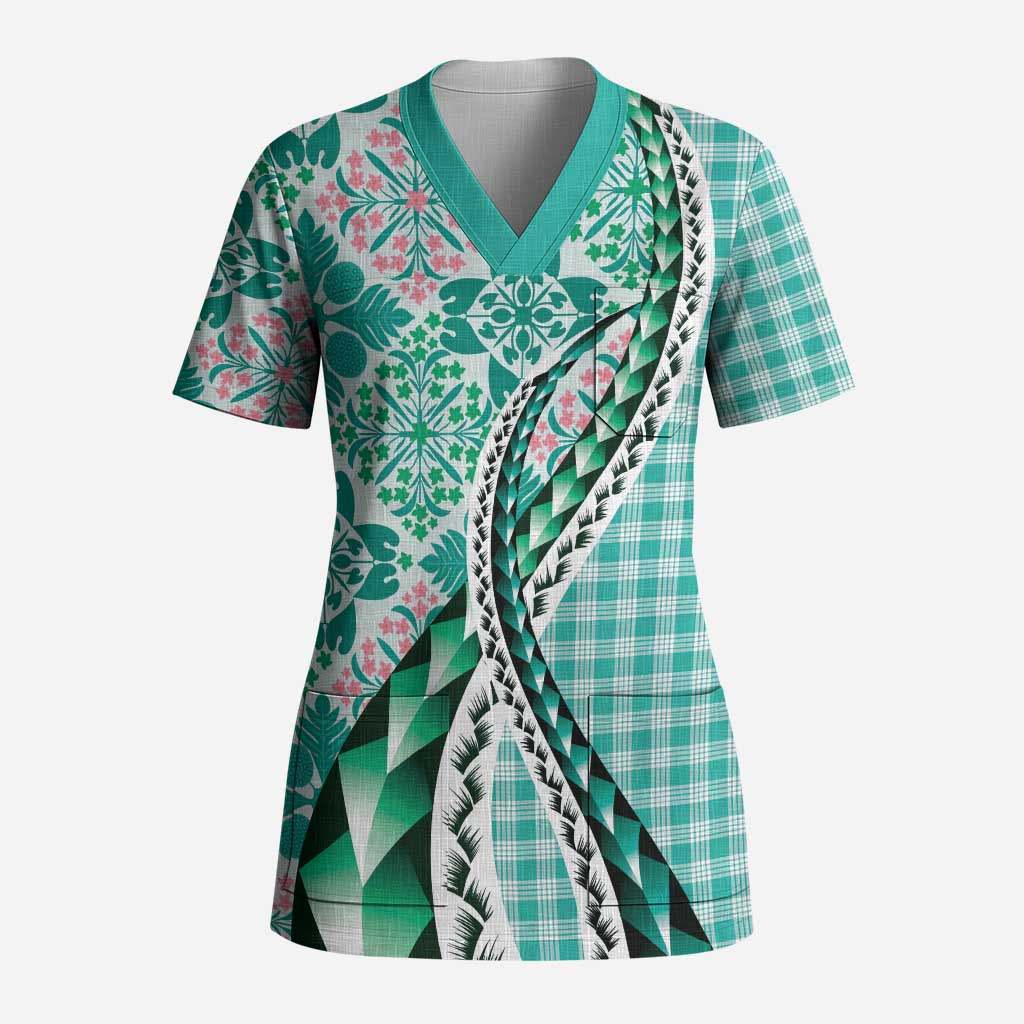 Aloha Vintage Palaka Floral Hawaiian Quilt Scrub Top Polu Motif - Polynesian Pride