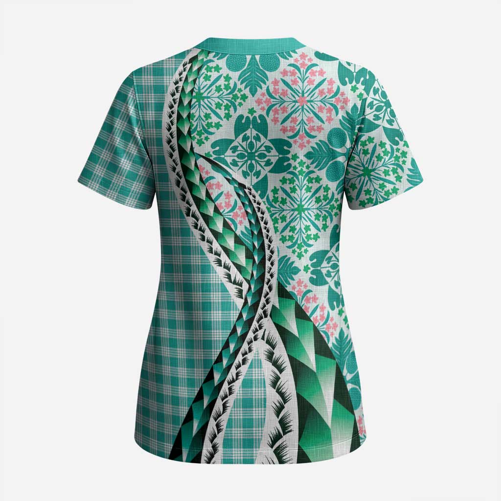 Aloha Vintage Palaka Floral Hawaiian Quilt Scrub Top Polu Motif - Polynesian Pride