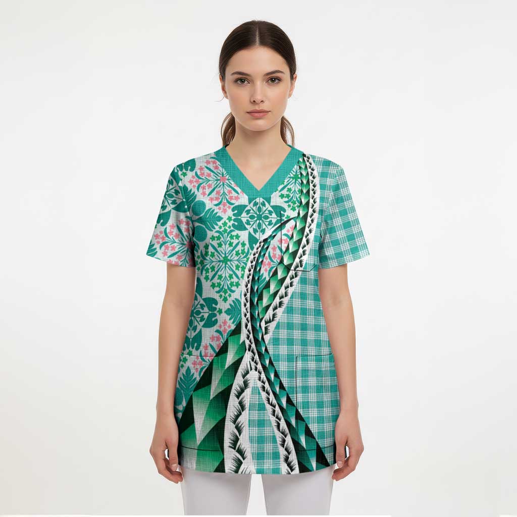 Aloha Vintage Palaka Floral Hawaiian Quilt Scrub Top Polu Motif - Polynesian Pride