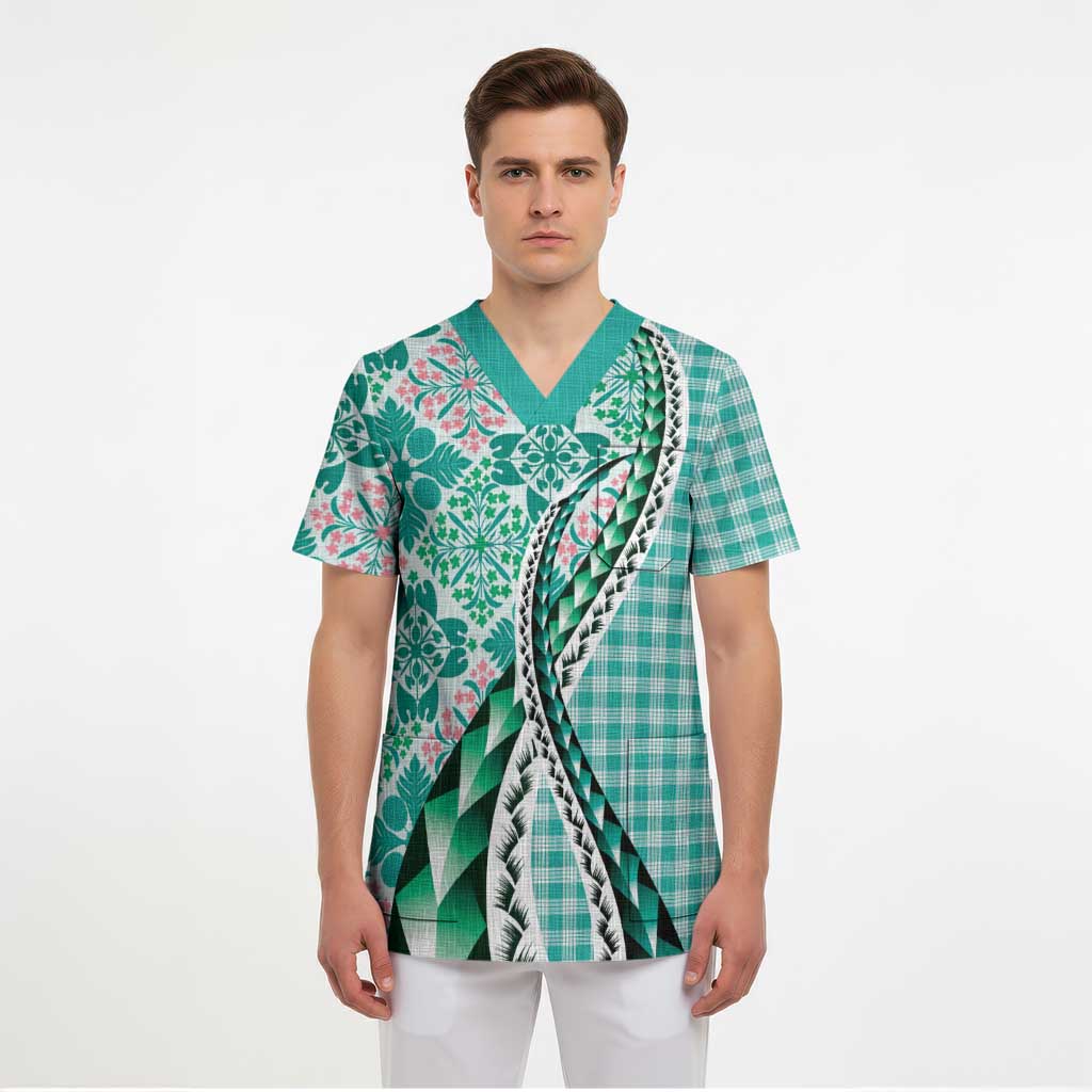 Aloha Vintage Palaka Floral Hawaiian Quilt Scrub Top Polu Motif - Polynesian Pride