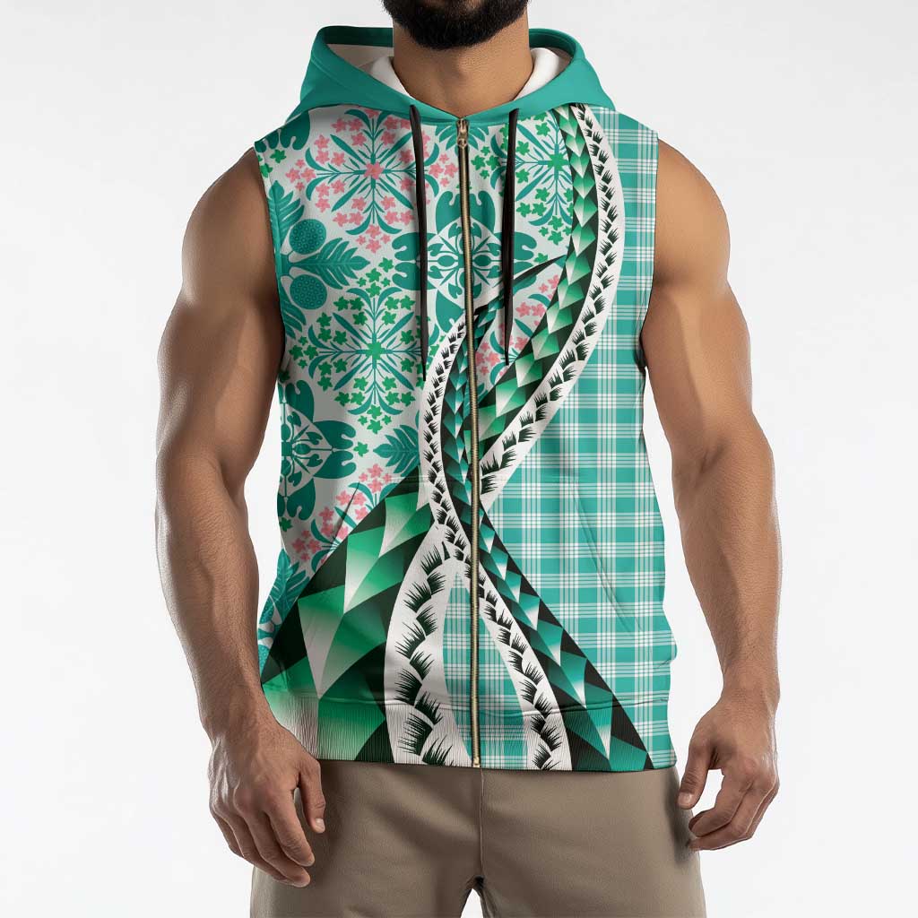 Aloha Vintage Palaka Floral Hawaiian Quilt Sleeveless Zip Hoodie Polu Motif - Polynesian Pride