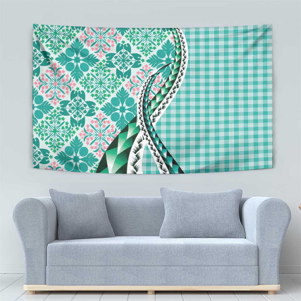 Aloha Vintage Palaka Floral Hawaiian Quilt Tapestry Polu Motif - Polynesian Pride