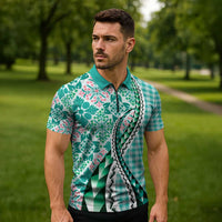 Aloha Vintage Palaka Floral Hawaiian Quilt Zipper Polo Shirt Polu Motif - Polynesian Pride