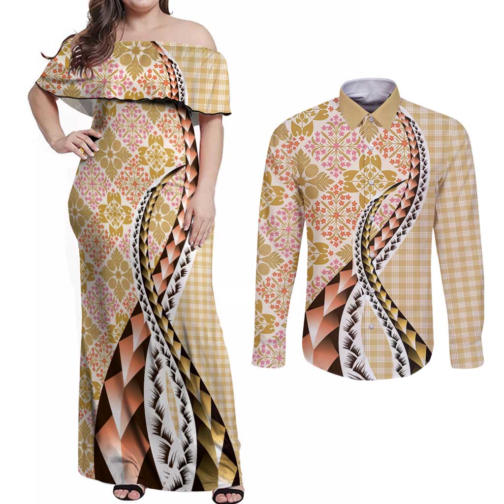 Aloha Vintage Palaka Floral Hawaiian Quilt Couples Matching Off Shoulder Maxi Dress and Long Sleeve Button Shirt Melemele Motif LT9 Yellow - Polynesian Pride