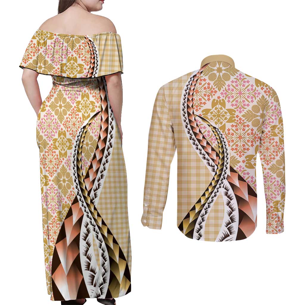 Aloha Vintage Palaka Floral Hawaiian Quilt Couples Matching Off Shoulder Maxi Dress and Long Sleeve Button Shirt Melemele Motif LT9 - Polynesian Pride