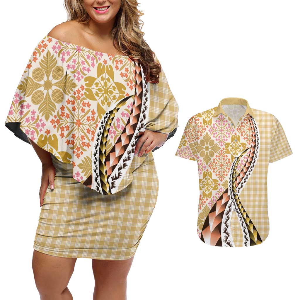Aloha Vintage Palaka Floral Hawaiian Quilt Couples Matching Off Shoulder Short Dress and Hawaiian Shirt Melemele Motif LT9 Yellow - Polynesian Pride