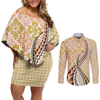 Aloha Vintage Palaka Floral Hawaiian Quilt Couples Matching Off Shoulder Short Dress and Long Sleeve Button Shirt Melemele Motif LT9 Yellow - Polynesian Pride