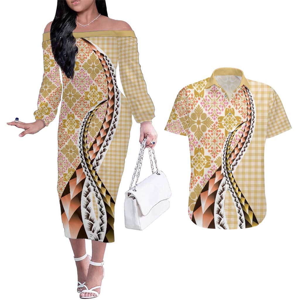 Aloha Vintage Palaka Floral Hawaiian Quilt Couples Matching Off The Shoulder Long Sleeve Dress and Hawaiian Shirt Melemele Motif - Polynesian Pride