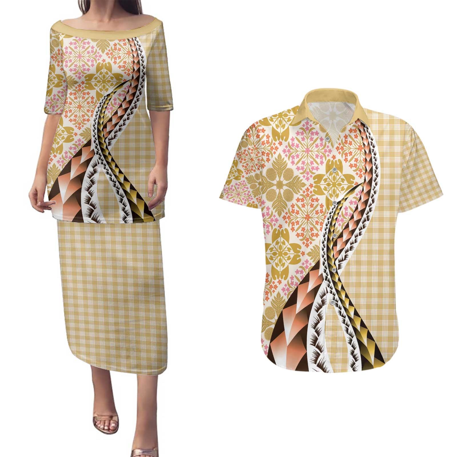 Aloha Vintage Palaka Floral Hawaiian Quilt Couples Matching Puletasi and Hawaiian Shirt Melemele Motif - Polynesian Pride