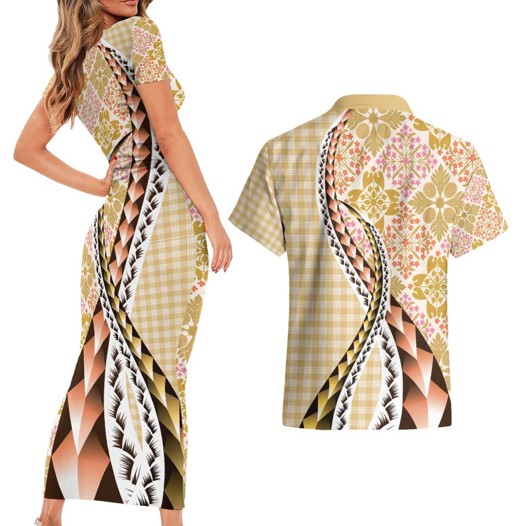 Aloha Vintage Palaka Floral Hawaiian Quilt Couples Matching Short Sleeve Bodycon Dress and Hawaiian Shirt Melemele Motif LT9 - Polynesian Pride