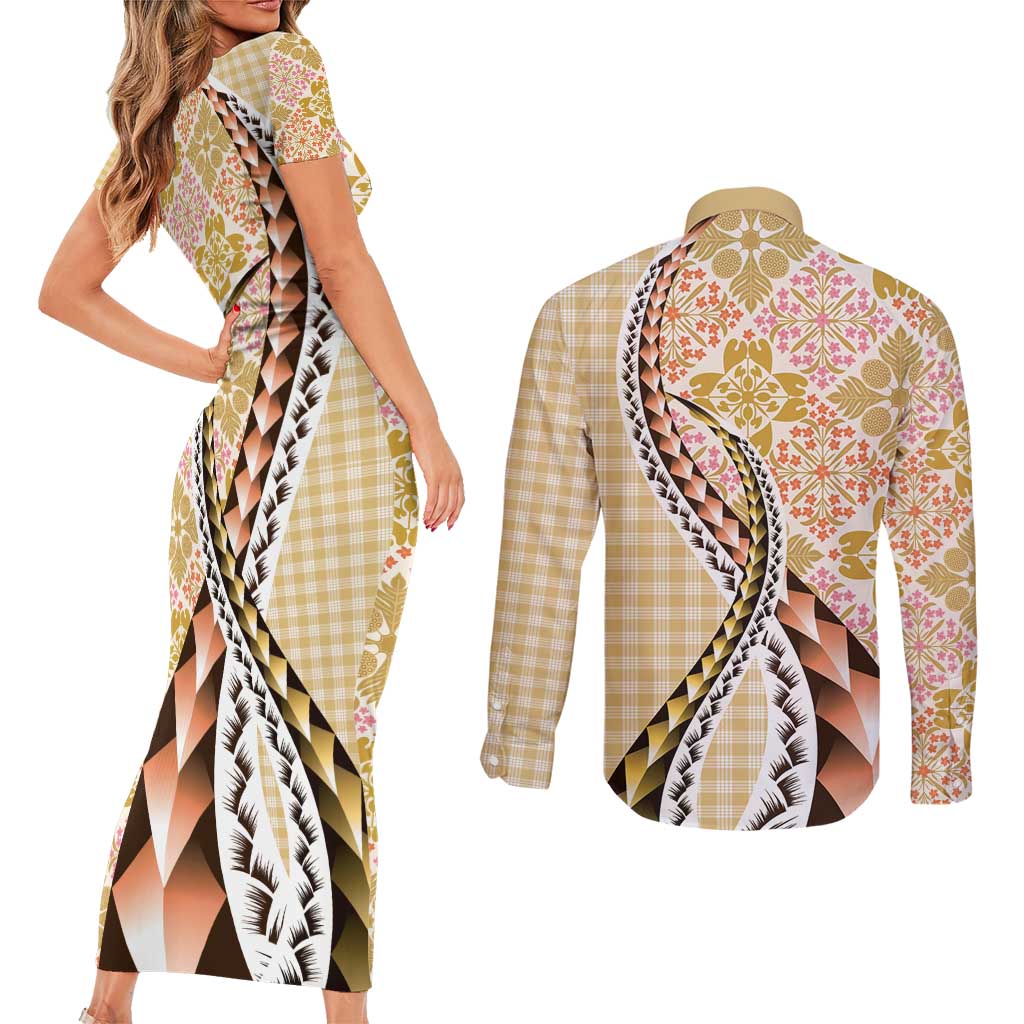 Aloha Vintage Palaka Floral Hawaiian Quilt Couples Matching Short Sleeve Bodycon Dress and Long Sleeve Button Shirt Melemele Motif LT9 - Polynesian Pride
