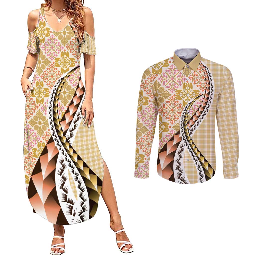 Aloha Vintage Palaka Floral Hawaiian Quilt Couples Matching Summer Maxi Dress and Long Sleeve Button Shirt Melemele Motif LT9 Yellow - Polynesian Pride