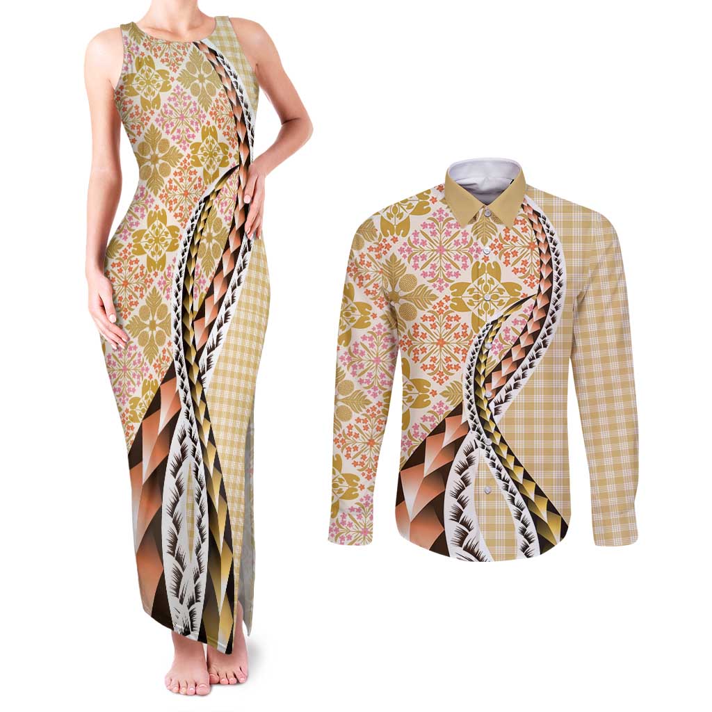 Aloha Vintage Palaka Floral Hawaiian Quilt Couples Matching Tank Maxi Dress and Long Sleeve Button Shirt Melemele Motif LT9 Yellow - Polynesian Pride