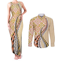 Aloha Vintage Palaka Floral Hawaiian Quilt Couples Matching Tank Maxi Dress and Long Sleeve Button Shirt Melemele Motif LT9 Yellow - Polynesian Pride