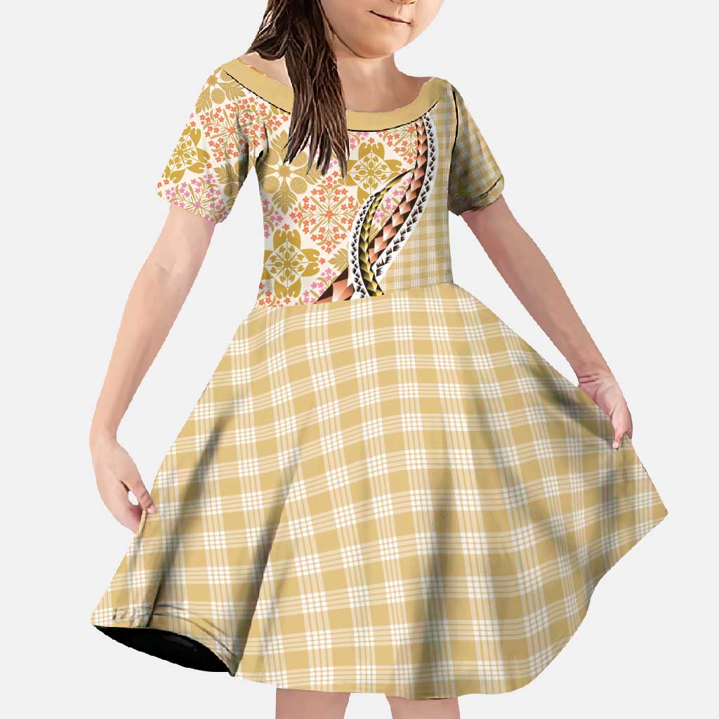 Aloha Vintage Palaka Floral Hawaiian Quilt Family Matching Long Sleeve Bodycon Dress and Hawaiian Shirt Melemele Motif LT9 Daughter's Dress Yellow - Polynesian Pride