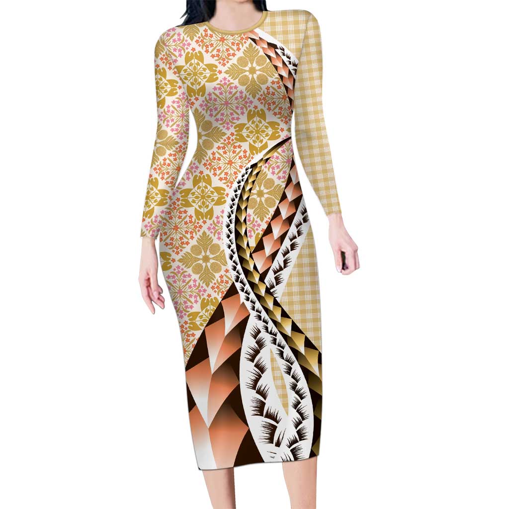 Aloha Vintage Palaka Floral Hawaiian Quilt Family Matching Long Sleeve Bodycon Dress and Hawaiian Shirt Melemele Motif LT9 Mom's Dress Yellow - Polynesian Pride