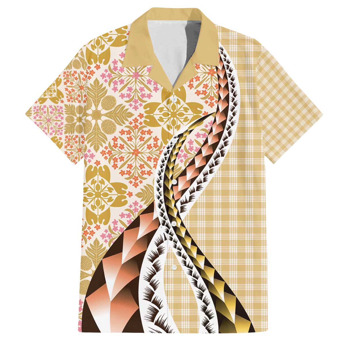 Aloha Vintage Palaka Floral Hawaiian Quilt Family Matching Off The Shoulder Long Sleeve Dress and Hawaiian Shirt Melemele Motif - Polynesian Pride