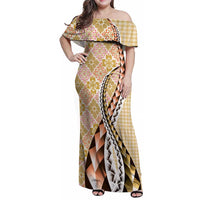 Aloha Vintage Palaka Floral Hawaiian Quilt Family Matching Off Shoulder Maxi Dress and Hawaiian Shirt Melemele Motif - Polynesian Pride