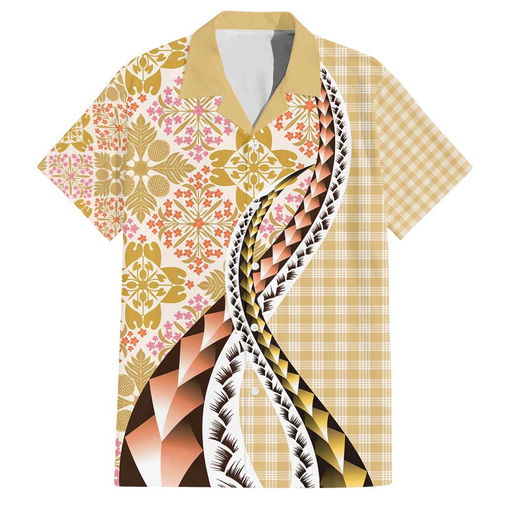 Aloha Vintage Palaka Floral Hawaiian Quilt Family Matching Off Shoulder Short Dress and Hawaiian Shirt Melemele Motif - Polynesian Pride